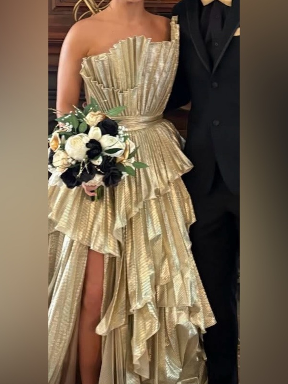 Tarik Ediz Shimmery Gold Layered Ruffle Ball Gown - Picture 5 of 6